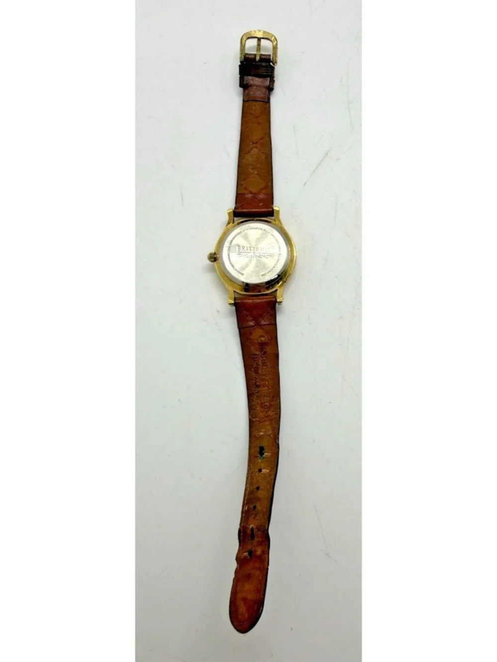 Vtg Brittania Moon Phase Quartz Watch BL232 Gold Tone Date Brown Leather Band